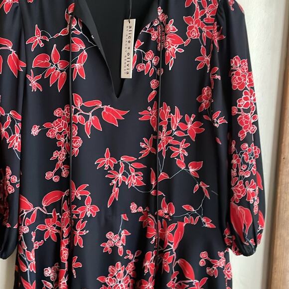 ALICE AND OLIVIA Moore Blouson-sleeve Floral Dress In Vivid Black - Picture 7 of 15